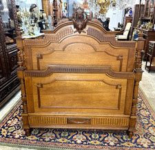 French Antique Carved Oak Henry II Full size Bed | Ornate Rails and Slats