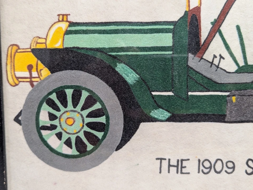Cuadro antiguo muy raro 1909 Studebaker; EE. UU., pintura sobre fieltro, enmarcado 13" X 17" Foto 3 de 4