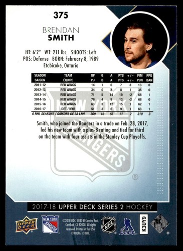 2017-18 Upper Deck Brendan Smith New York Rangers #375 - Picture 2 of 2