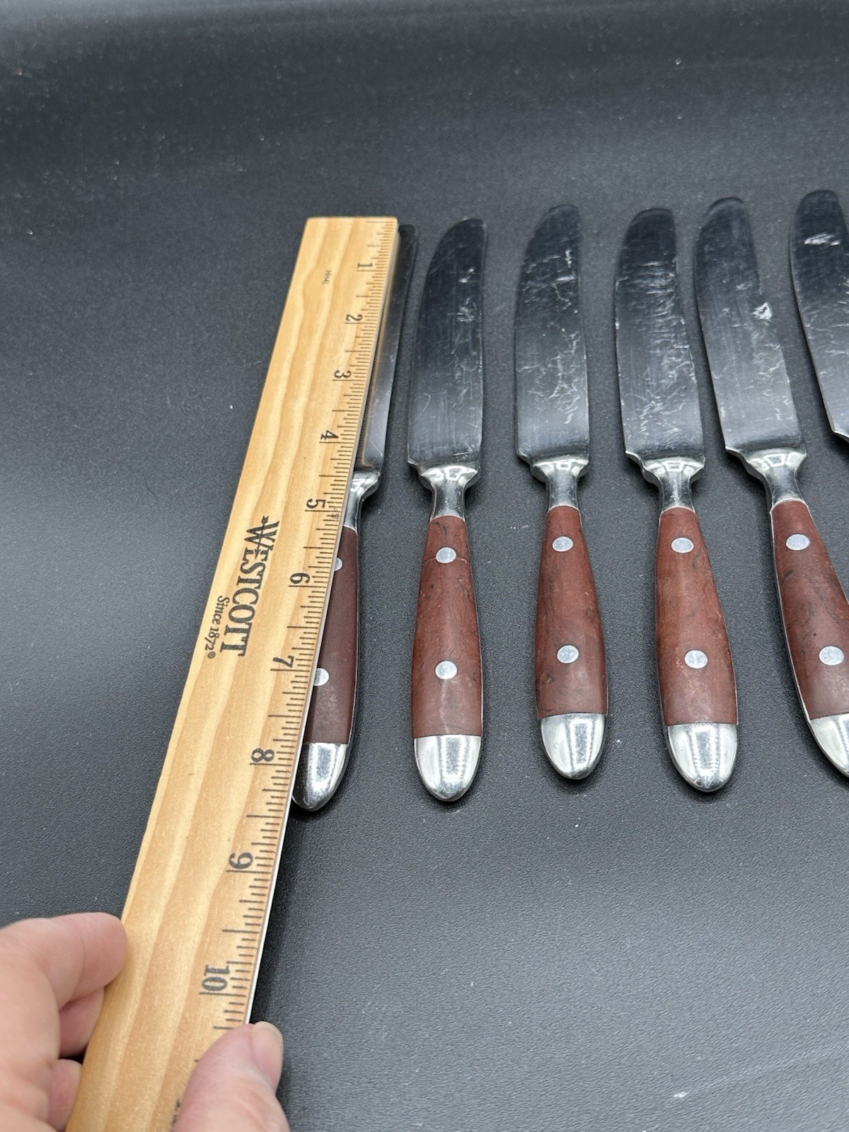 8 H.F. Ltd (Hanford Forge) Stainless China 06 Brown Rivet Handles Dinner Knives