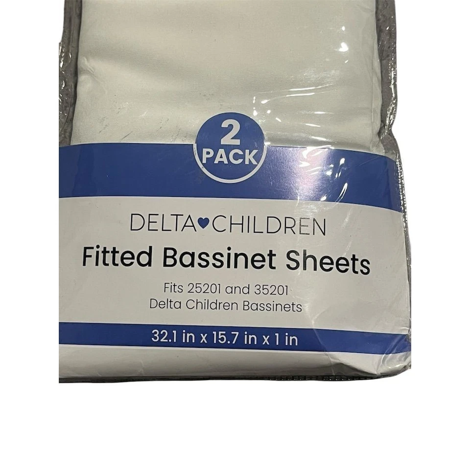 Delta Children Bassinet Fitted Sheets 2 Pack White 32x16x1 Fits 25201 35201 NEW - Image 2 of 3