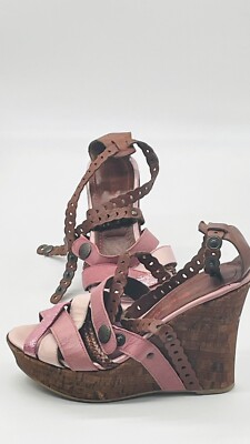 Miss Sixty Sandals Pink/Brown Metallic Strap Leather Shoes Cork Wedge Heel Sz 39