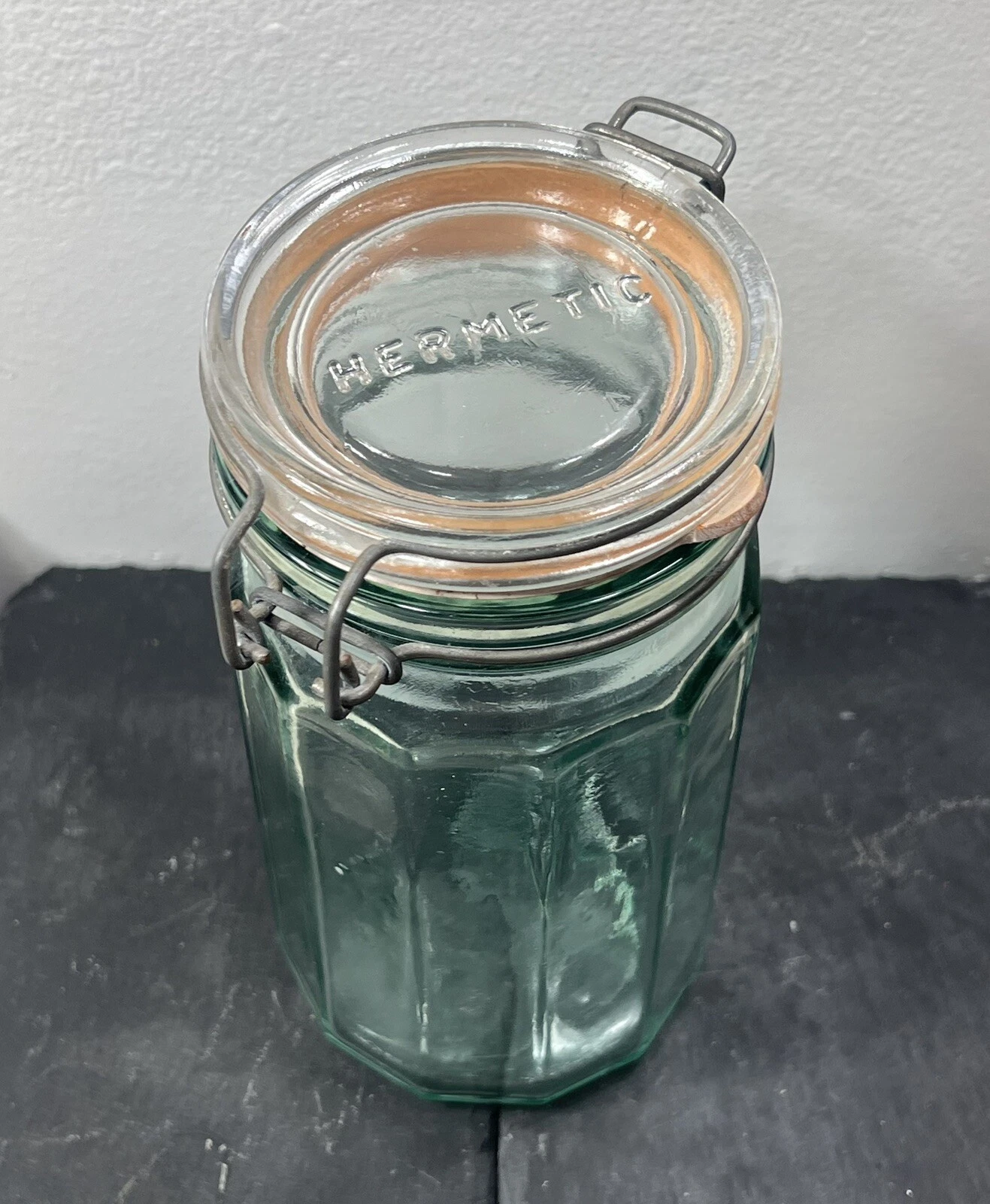 Vintage Hermetic Light Green Glass Pasta Jar 10”