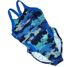 Nike Tech Camo Modern Fast Back Swimsuit Girls 12 28 Blue Racing Athletic 78 RV