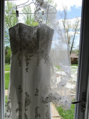 Wedding Gown Sz 12 Beaded applique scallop lace Bride Dress w Fingertip Mantilla - Picture 5 of 14
