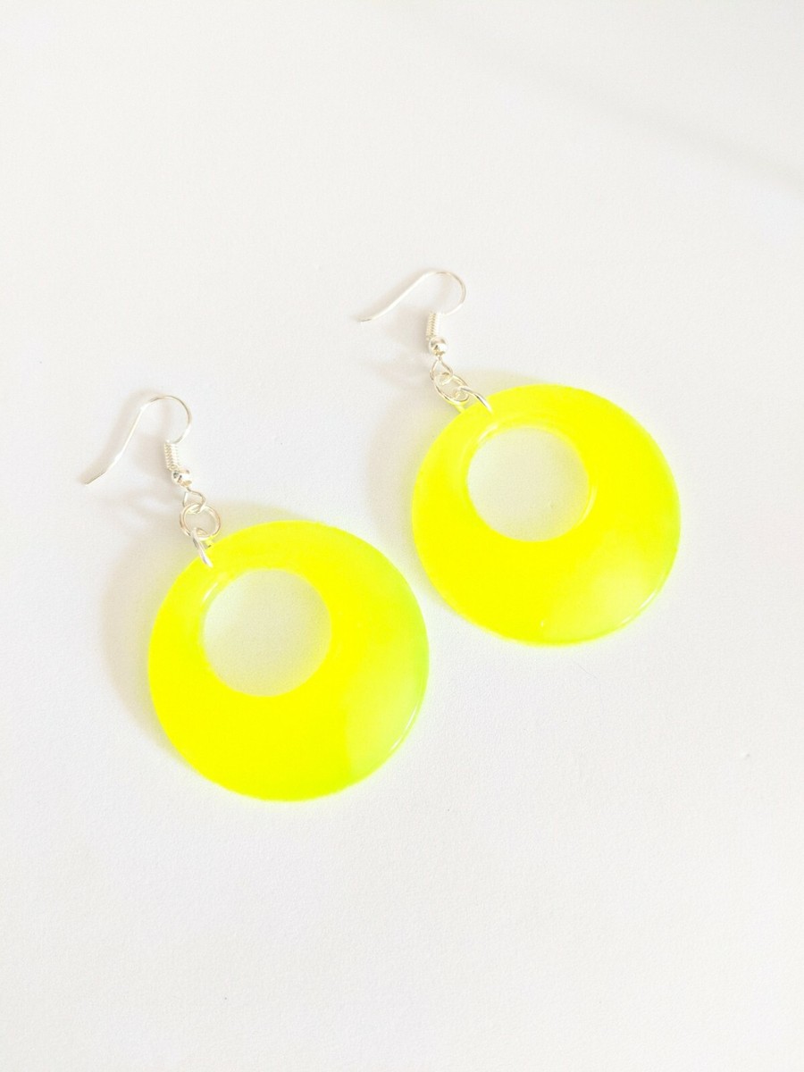 Handmade NEON Yellow Resin Drop Earrings Vintage Retro 80's Disco