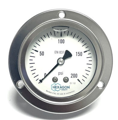 Pressure Gauge 0-200 PSI Hexagon 2.5'' Face 10300425 Panel Mount CNG 316L New