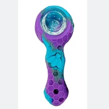 1Pcs Blue&Purple SILICONE PIPE 4.3"  With GLASS BOWL & Clean Tool-HoneyComb Bee