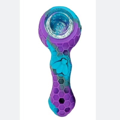 1Pcs Blue&Purple SILICONE PIPE 4.3''  With GLASS BOWL & Clean Tool-HoneyComb Bee