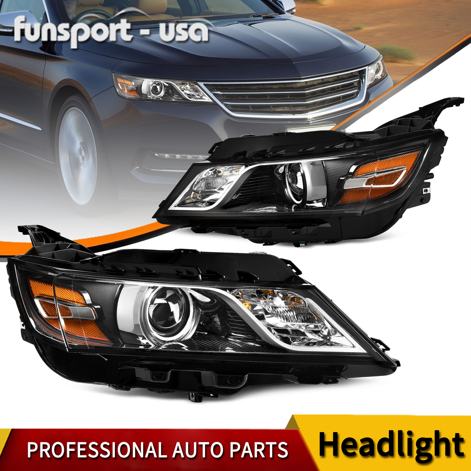 FOR 2014-2020 CHEVY IMPALA HALOGEN PROJECTOR HEADLIGHTS HEADLAMPS PAIR LH + RH