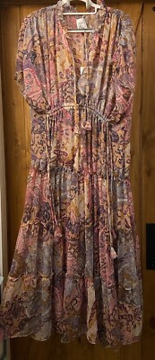 MISA Los Angeles Ilya Pink Floral Chiffon Midi Floaty Boho Dress-XS NWT