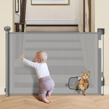 Retractable Baby Gate with Cat Aisle 30 Seconds Automatic Locking Mesh Pet Fence