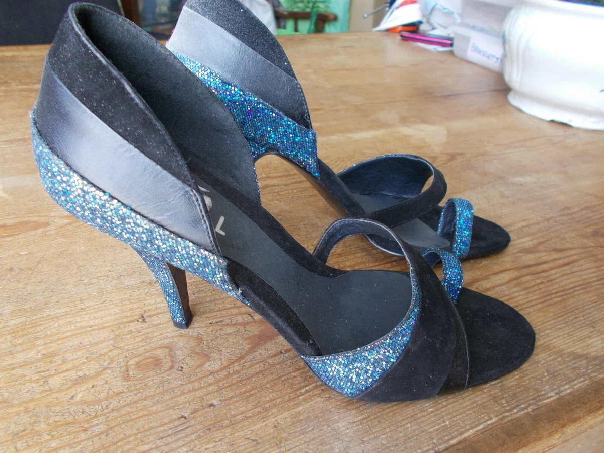 Stunning Ravel Black Suede Strappy Evening Shoes With Blue Sparkle
