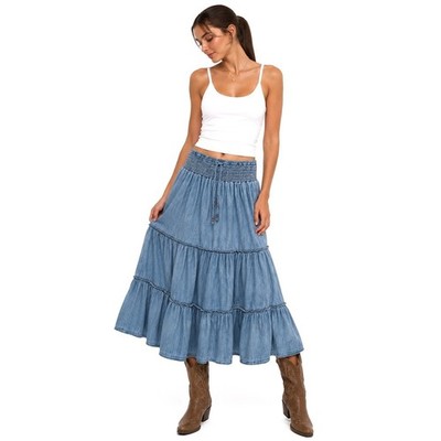 Esprit Tiered Denim Maxi Skirt S Blue Smocked Waist Boho Chic Prairie Cottage