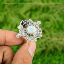 Valentines Deal 925 Sterling Silver Larimar Stone Promise Bezel Flower Boho Ring