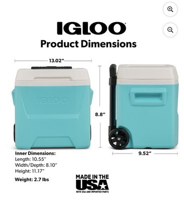Igloo 16 QT Laguna Hard Sided Ice Chest Cooler with Wheels, Aqua Blue