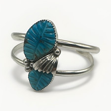 Sterling Silver Cuff Bracelet Blue Oval Zuni inlay Turquoise Bezel Set 2-Stone