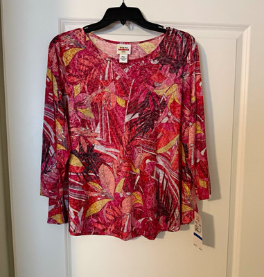 Ruby Rd. Favorites Petites PXL Pink Floral Beaded V-Neck 3/4 Sleeve Top