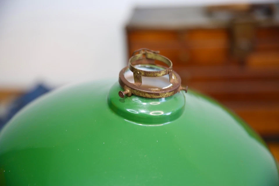 Antique Porcelain Enamel Industrial Ceiling Light Lamp Shade Green 12" Brass VTG - Image 3 of 4