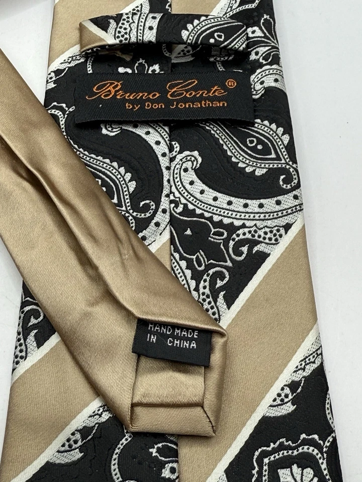 Галстук из микрофибры Bruno Conte от Don Jonathan черно-золотой белый пейсли 3 1/2x61 - Изображение 2 из 3