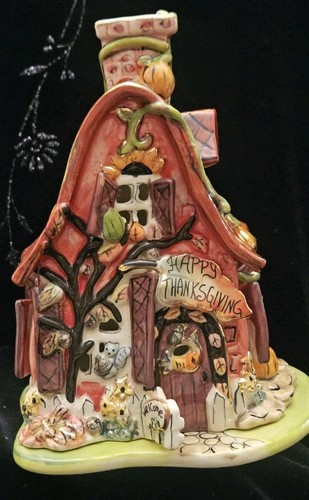 ThanksGiving Blue Sky Clayworks 2006 Cottage Tea Light Holder Signed