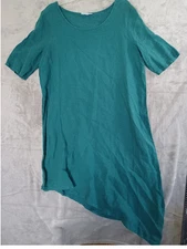 Bryn Walker Linen Dress Lagenlook Euna Sz M Asymmetrical Hem Short Sleeve Green