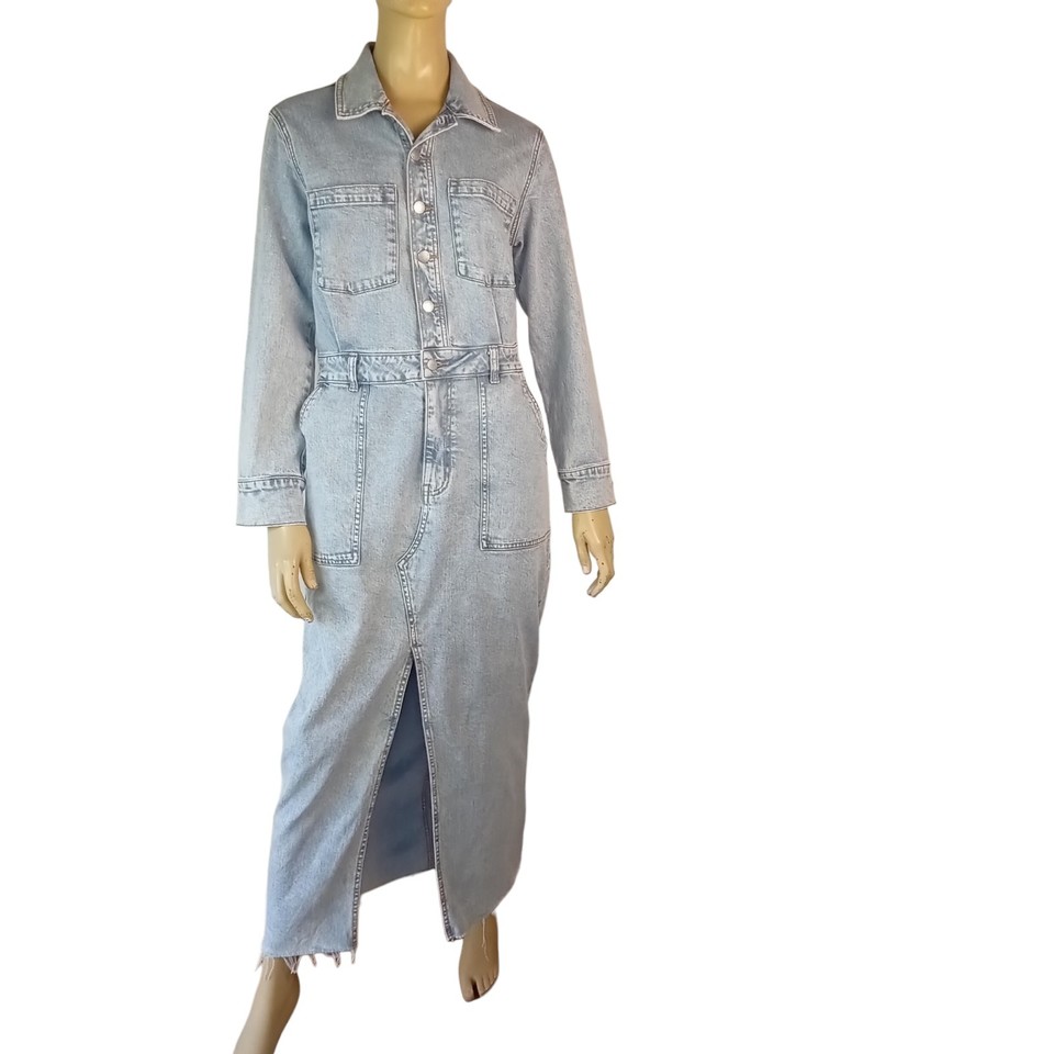 DECJUBA ladies size 12 dress blue stretch denim maxi pockets long sleeve shirt