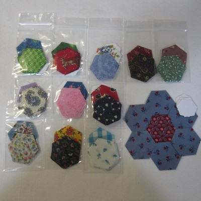 Precut Fabric Hexagon EPP Hand Sew Kits 12 Flowers 1/2'' Sides w/Papers Random