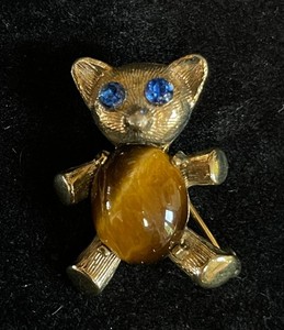 Authentic Vintage K&L Gold plated Sterling Silver - Tigers Eye Belly Teddy Bear Pin