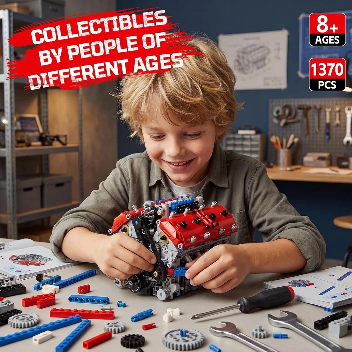 V8 Engine Model Kits that Runs 1370PCS 8 Cylinder Engine Set with Battery Motor
