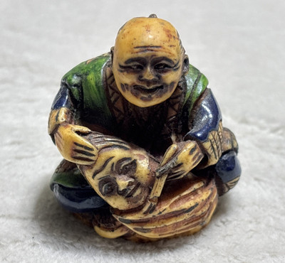 Handmade Japanese Netsuke Style Figurine Seated Man w Mask Composite Vintage