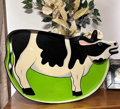 Amazing Large Cow Serving Tray. Hand Painted Wood. Bright Color. Rare Find!