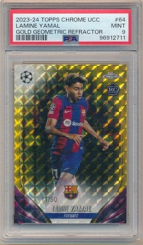 LAMINE YAMAL 2023/24 TOPPS CHROME UCC RC GOLD GEOMETRIC REFRACTOR /50 PSA 9 MINT
