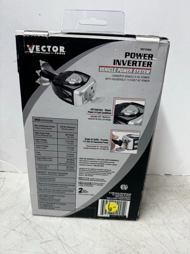 Vector VEC1040A 100W 12v DC to 110v AC 100W Power Inverter Car Adapter NOS - Image 3 of 4