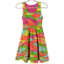 L'Amour Nanette Lepore Womens Neon Rainbow Clouds Skater Pop Art Swing Dress XS