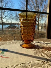 Indiana Glass Whitehall Colony Cubist Footed Amber Ice Tea Tumblers 3.45" Diam