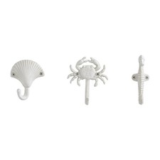 Danya B. White Cast Iron Nautical Wall Hooks Set of 3   Seashell, Crab, Seahorse
