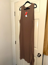 CIDER Brown Solid Knit Tank Midi Dress Round Neck Side Slit Plus 4XL