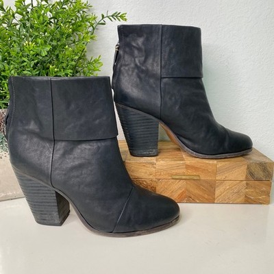 Rag & Bone Newbury Black Leather Cuff Block Heel Ankle Boots Size 40 EU/10 US