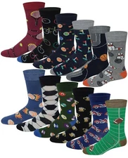 Different Touch 12 Pairs Men's Assorted Sports Design Crew Socks 10-13