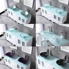 60" White Bathroom Vanity Cabinet Optional Double Sink Tempered Glass Top Mirror