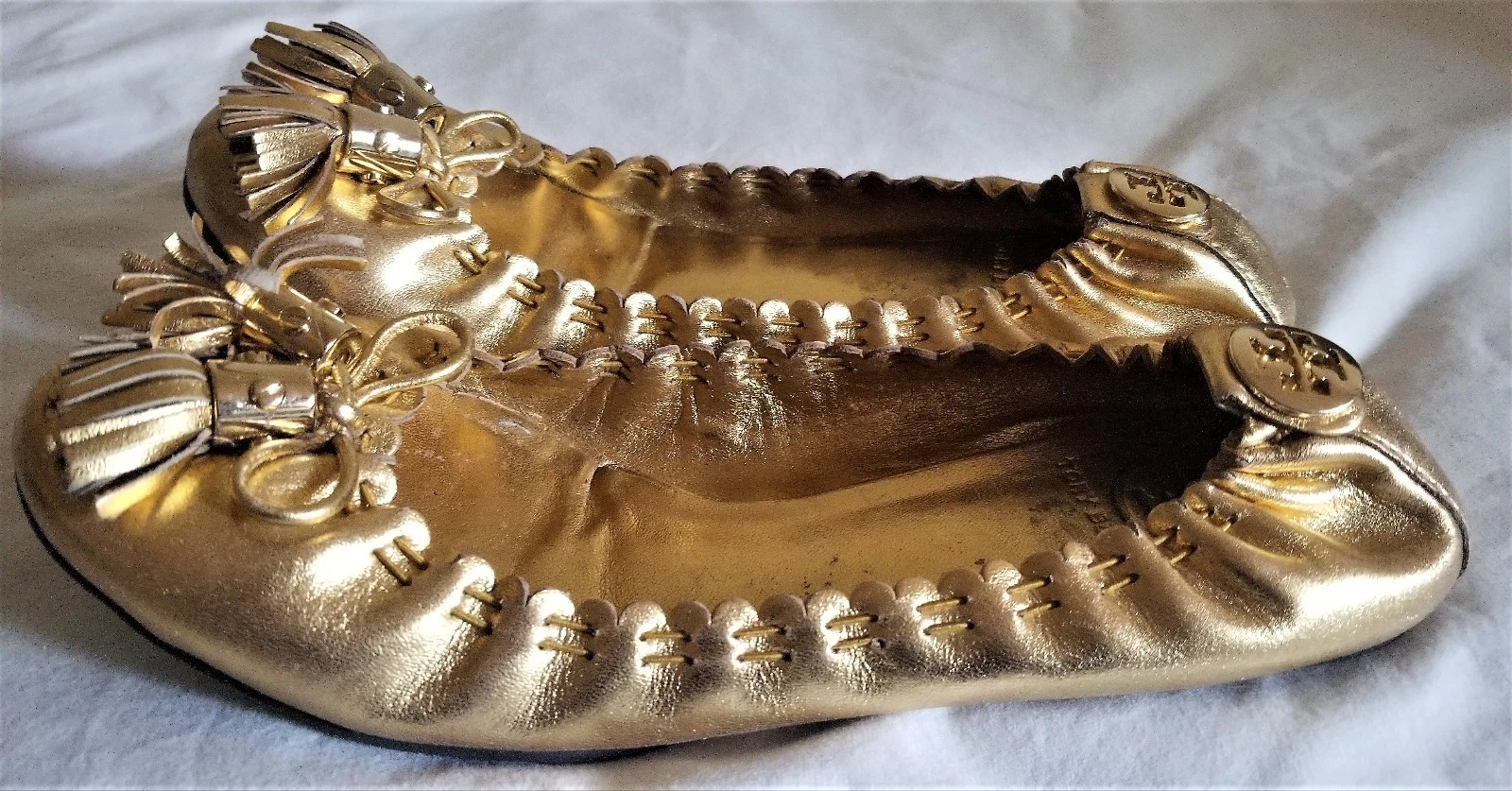 AUTENTICHE BALLERINE TORY BURCH REESE NAPPA ORO USATE TAGLIA 7 PREZZO AL DETTAGLIO $290