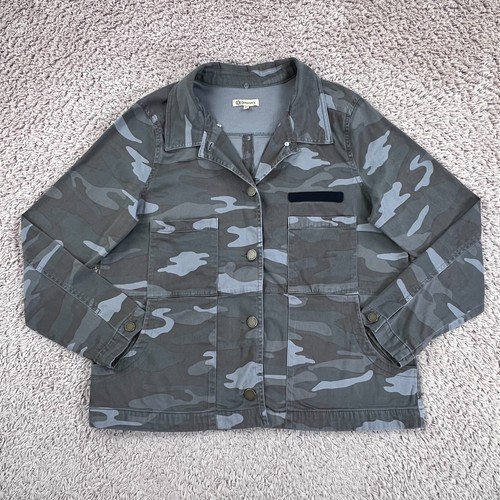 DEMOCRACY Army Green Camo Button-Up Collared Jacket Womens L Unlined Pockets