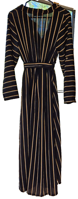 Helkas Fashion Women's Long Sleeve Maxi Dress Black Yellow Stripe Polyester Belt