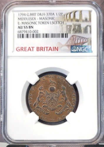 1794 GREAT BRITAIN 1/2 PENNY D&H 370A MIDDLESEX MASONIC TOKEN NGC AU 55 BN RARE