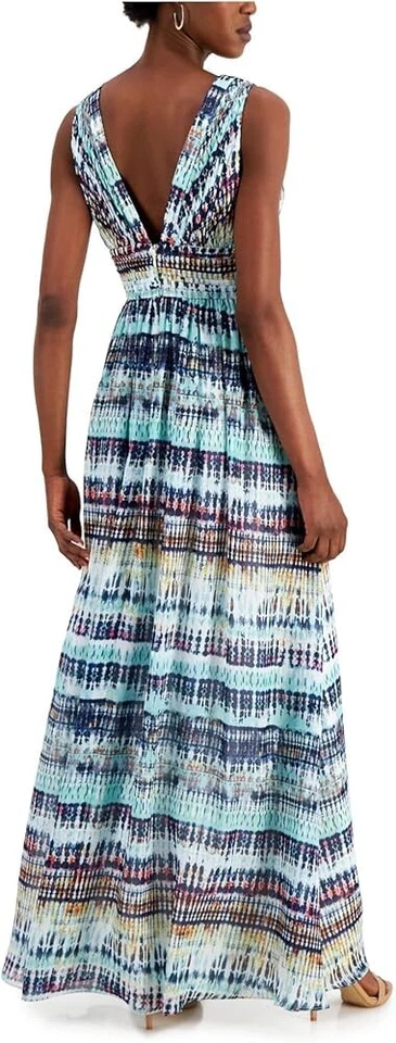 Maxi Vestido Aidan by Aidan Mattox Para Mujer Azul Estampado Cuello en V 0 MRSP $295 Foto 2 de 4