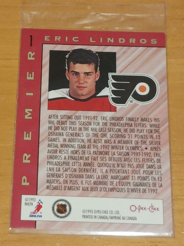 ERIC LINDROS - 1992-93 O-Pee-Chee Premier Hockey - Top Rookies #1 - Picture 2 of 2