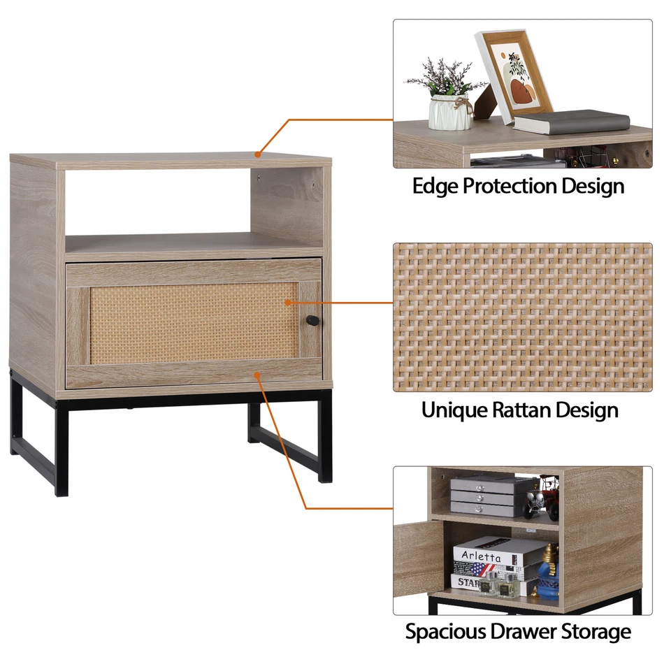 Rattan Nightstands Set of 2 Accent End Table Wood Bediside Table with Metal Legs - Image 4 of 4