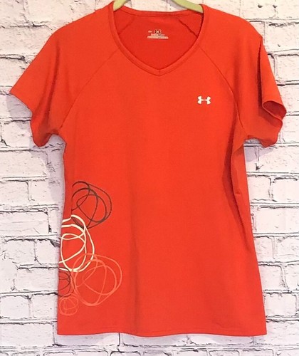 UNDER ARMOUR Women's Shirt Short Sleeve Heat Gear Orange Size Medium V-Neck GUC