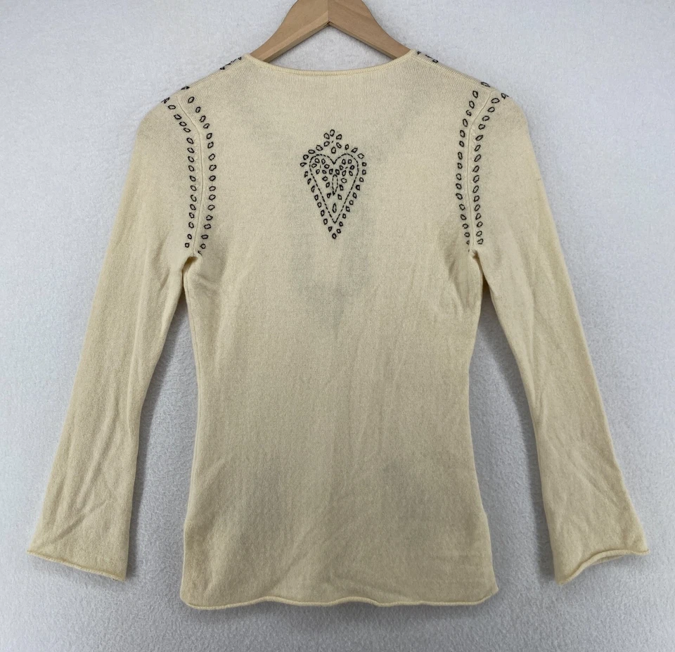 Cashmere Sweater Womens S Boho Henley Embroidered Long Sleeve Pullover Off White - Image 3 of 4